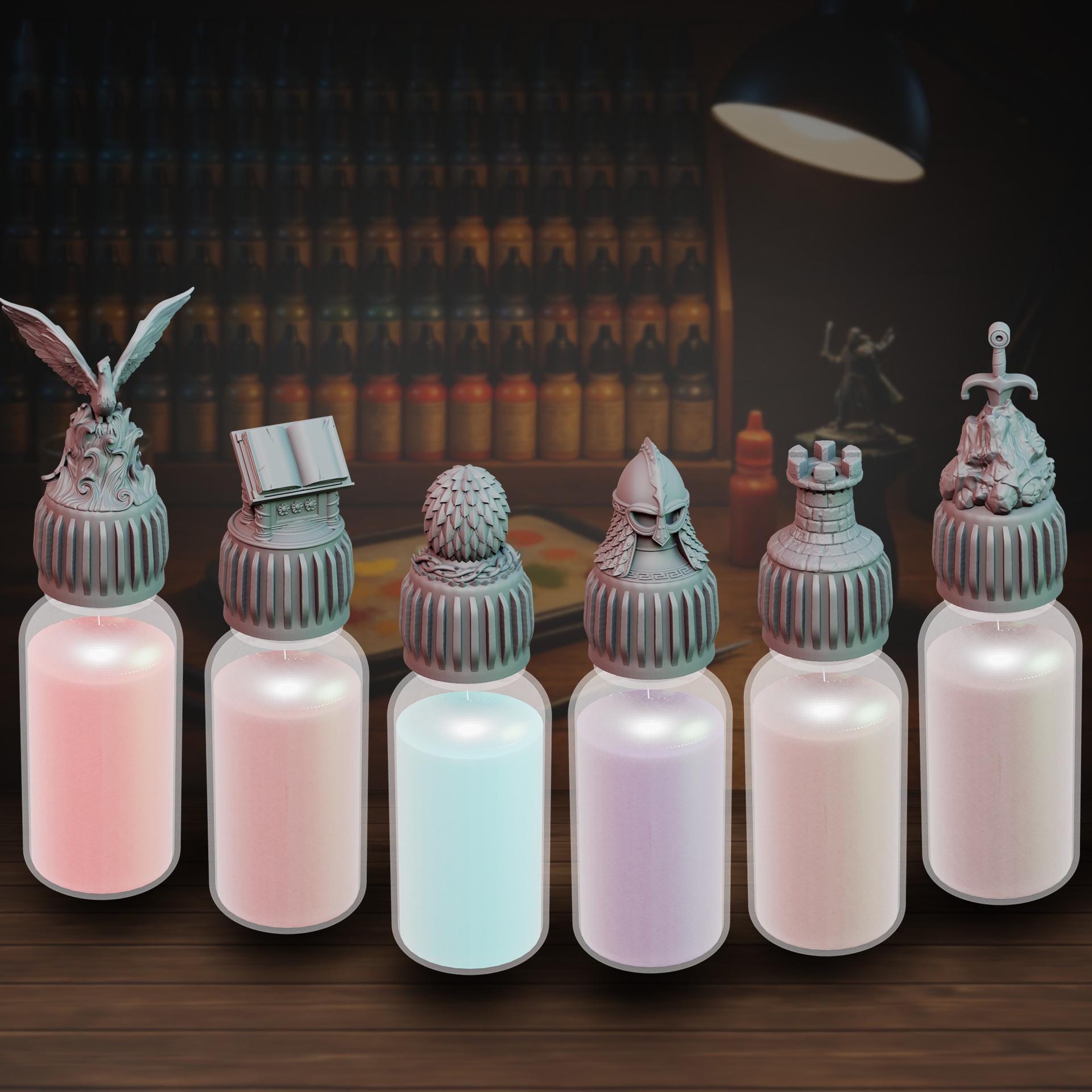 Bottlecaps | Fantasy Themed Set | Replacement Toppers | Vallejo | Army Painter | Dropper Bottle | Miniature Painting | Color Coding | Bundle