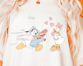 レトロなバレンタインデーのドナルドダックとデイジーダックのPNG画像、Tシャツ昇華プリント（デジタルダウンロード）