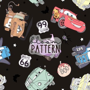 May include: A black fabric pattern featuring cartoon cars, Route 66 signs, spiders, bats, stars, and a pumpkin with the text BOO. The design includes a light purple car wearing a witch hat and broomstick, with the text bloom PATTERN overlaid centrally.