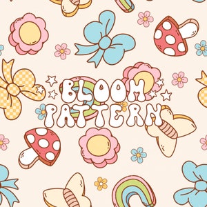Flower Mushroom Seamless Pattern, Spring Seamless Pattern, Retro Seamless Pattern, Fabric Sublimation