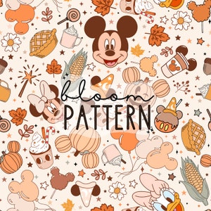 May include: A seamless pattern featuring Mickey Mouse, Minnie Mouse, and Donald Duck in autumnal colors. The pattern includes pumpkins, corn, leaves, stars, and other fall-themed elements. The text "bloom pattern" is also included in the design.