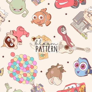 Può includere: Un motivo senza cuciture colorato con personaggi di film d'animazione popolari. Il motivo include personaggi come Mike Wazowski, Dory, Miguel Rivera e molti altri. Lo sfondo è di colore beige chiaro con stelle.