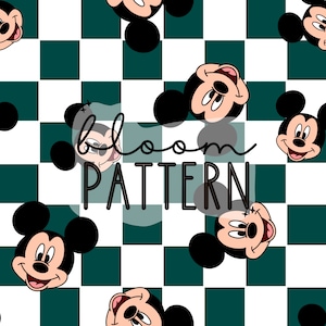 Puede incluir: Un patrón sin costuras que presenta la cara de Mickey Mouse sobre un fondo a cuadros verde y blanco. El texto "bloom pattern" está en el centro de la imagen.