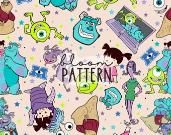 Monster Seamless Pattern, Cartoon Repeat Seamless Design, Fabric Sublimation