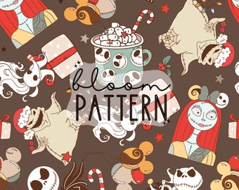 Christmas Nightmare Halloween Seamless Pattern, Christmas Skeleton Seamless Pattern, Santa Holidays Seamless file for fabric sublimation