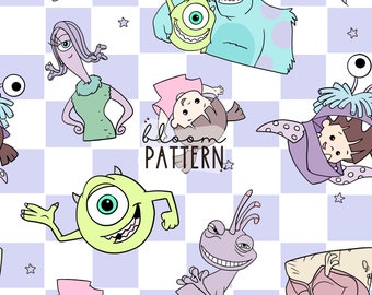 Monster Seamless Pattern, Cartoon Repeat Seamless Design, Fabric Sublimation