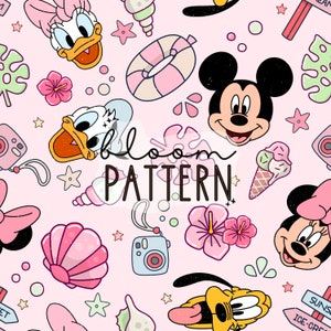 May include: A pink and white seamless pattern featuring cartoon characters like Mickey Mouse, Minnie Mouse, Donald Duck, and Goofy. The pattern also includes various summer-themed elements like seashells, flowers, ice cream, and a life preserver. The text "bloom pattern" is written in a stylized font.