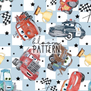 Diseño sin costuras de coches, patrón sin costuras de película de coches mágicos, sublimación de tela