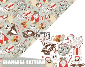 Bundle of 2 Designs - Christmas Nightmare Halloween Seamless Pattern, Christmas Skeleton Seamless Pattern, Santa Holidays Seamless Pattern