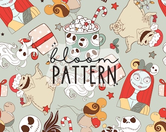 Christmas Nightmare Halloween Seamless Pattern, Christmas Skeleton Seamless Pattern, Santa Holidays Seamless file for fabric sublimation