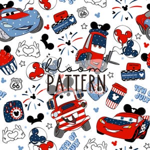 May include: A seamless pattern featuring red, white, and blue cartoon cars, Mickey Mouse ears, fireworks, and other patriotic imagery. The pattern includes the text "Route 66" and "Independence Day".