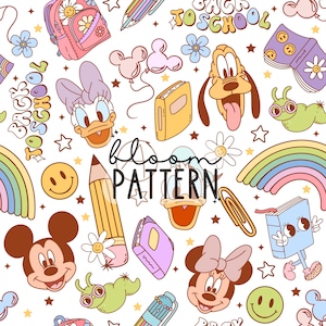 Könnte beinhalten: Ein farbenfrohes nahtloses Muster mit Disney-Charakteren wie Mickey Mouse, Minnie Mouse, Donald Duck und Goofy. Das Muster enthält auch schulthemenbezogene Elemente wie Rucksäcke, Bleistifte und Bücher. Der Text "Back to School" wird im gesamten Muster wiederholt.