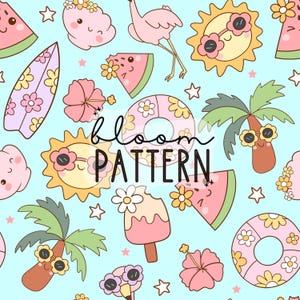 Peut inclure: Un motif sans couture composé de diverses illustrations sur le thème de l'été, notamment un flamant rose, un soleil jaune avec des lunettes de soleil, une tranche de pastèque, un cornet de glace rose, un beignet rose, un palmier avec des lunettes de soleil, une planche de surf et une fleur d'hibiscus. Le motif est sur un fond bleu clair avec des étoiles blanches.