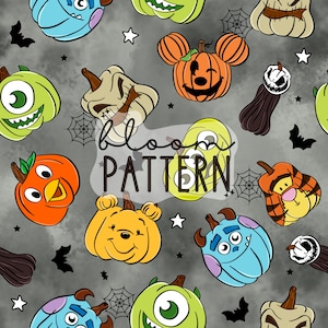 May include: A seamless pattern featuring various Halloween-themed pumpkins with different characters. The pumpkins are decorated with characters like Mickey Mouse, Winnie the Pooh, and Monsters Inc. The background is a dark gray with a subtle watercolor effect.