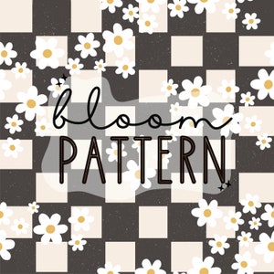 Retro Flower Boho Seamless Pattern, Black Check Seamless Pattern For Commercial Use