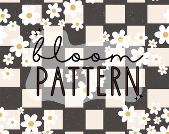 Retro Flower Boho Seamless Pattern, Black Check Seamless Pattern For Commercial Use