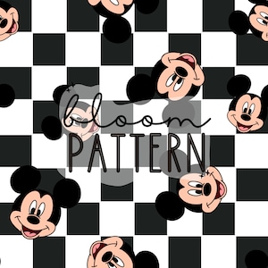 Puede incluir: Patrón de cuadros negros y blancos con una cara de Mickey Mouse de dibujos animados repetida en todo. El texto "bloom pattern" está en el centro de la imagen.