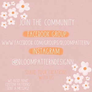 K&ouml;nnte beinhalten: Ein rosa Hintergrund mit wei&szlig;en Blumen und Text, der "Tritt der Community bei", "Facebook-Gruppe", "www.facebook.com/groups/bloompattern", "Instagram", "@bloompatterndesignn", "Teile deine Kreationen mit uns", "Wir erstellen auch individuelle Muster! Sende eine Nachricht" lautet.
