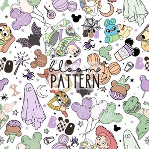 Halloween Magical Story Friends Seamless Pattern, Spooky Cartoon Seamless Pattern, Halloween Fabric Sublimation