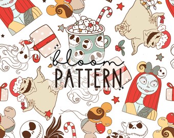 Christmas Nightmare Halloween Seamless Pattern, Christmas Skeleton Seamless Pattern, Santa Holidays Seamless file for fabric sublimation