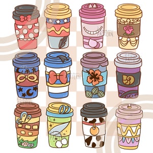 May include: Twelve different designs of reusable coffee cups. Each cup has a different pattern and color scheme. The cups are all white with a black lid and a black handle.