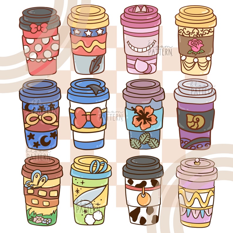 May include: Twelve different designs of reusable coffee cups. Each cup has a different pattern and color scheme. The cups are all white with a black lid and a black handle.