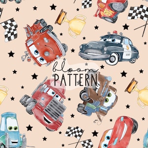 May include: A seamless pattern featuring cartoon cars in various colors, including red, blue, and black. The cars have different designs, including a fire truck, a police car, and a tow truck. The background is a light beige color with black stars and checkered flags.