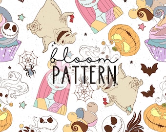 Nightmare Halloween Seamless Pattern, Skeleton Seamless Pattern, Halloween Seamless file for fabric sublimation