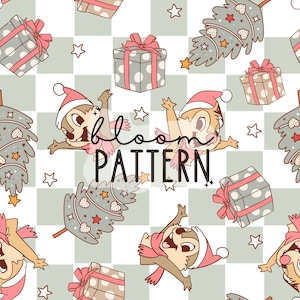Christmas Magical Seamless Pattern,  Squirrels Magical Christmas Tree Mouse Seamless pattern Design, Fabric Design Sublimation