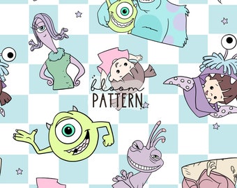 Monster Seamless Pattern, Cartoon Repeat Seamless Design, Fabric Sublimation