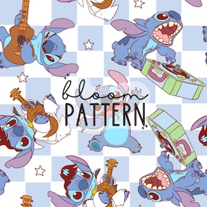 May include: A seamless pattern featuring a blue cartoon character playing a ukulele, a record player, and stars on a blue and white checkered background. The text "bloom pattern" is also included in the design.