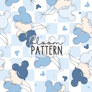 May include: A seamless pattern featuring blue and cream Mickey Mouse-shaped balloons with stars on a blue and white checkered background. The text "bloom pattern" is in the center of the design.