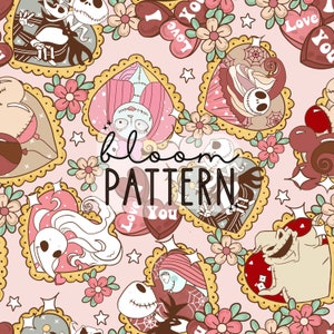 May include: A pink and white seamless pattern featuring various illustrations of Jack Skellington and Sally from the Nightmare Before Christmas movie. The characters are depicted in heart-shaped frames with floral accents and the text "bloom pattern" in the center.