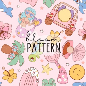 Summer Seamless Pattern, Flamingo Pool Float Seamless Repeat Pattern for Fabric Sublimation, Girl Seamless