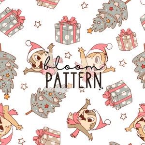 Christmas Magical Seamless Pattern,  Squirrels Magical Christmas Tree Mouse Seamless pattern Design, Fabric Design Sublimation