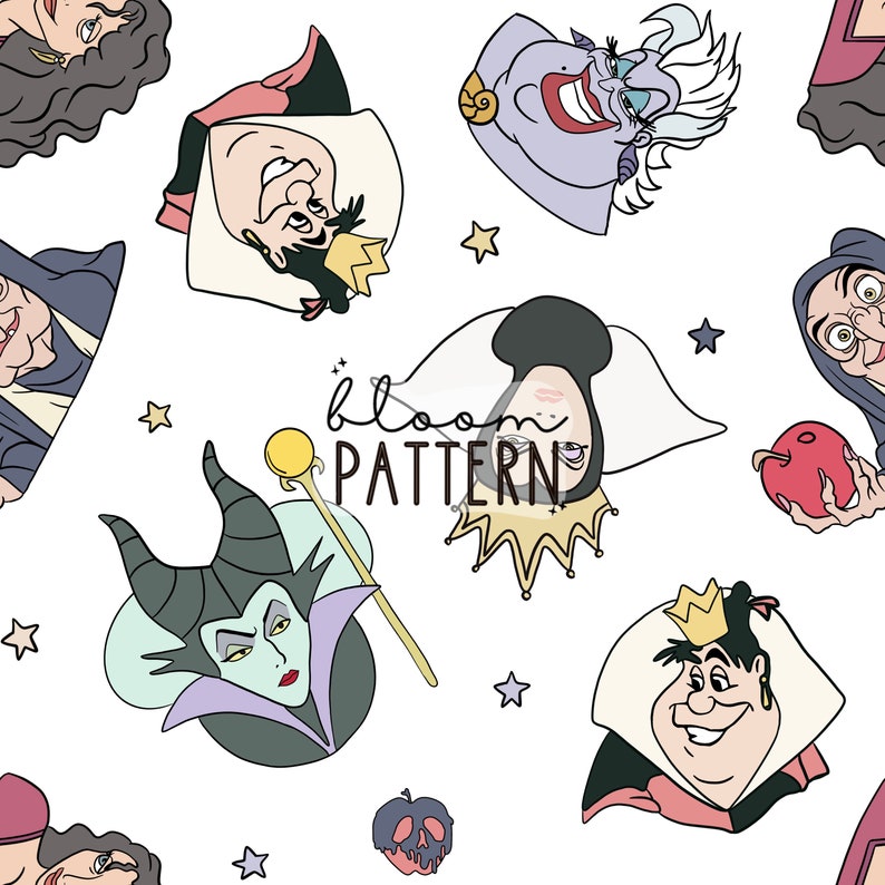 May include: A seamless pattern featuring various Disney villain characters, including the Evil Queen, Ursula, Maleficent, and Cruella de Vil. The background is white with scattered stars.