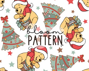 Christmas Magical Story Friends Seamless Pattern, Bear Christmas Cartoon Seamless Pattern, Fabric Sublimation