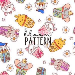 May include: A seamless pattern featuring cartoon characters holding bubble tea cups. The characters include a duck, a cat, a rabbit, an elephant, and a bear. The background is white with flowers and stars. The text "bloom pattern" is written in the center of the image.