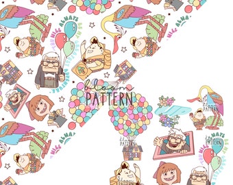 Bundle of 2 Cartoon Balloon Seamless Pattern, Floating House Seamless Pattern, Digital Design