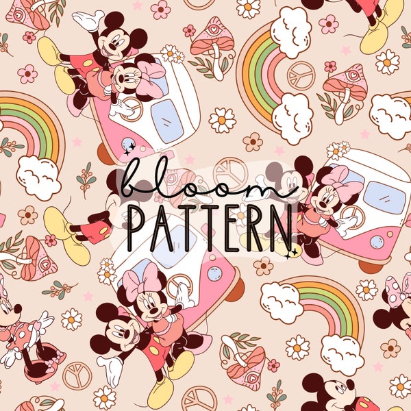 Magical Mouse Flower Seamless Pattern, Spring Seamless Pattern, Retro Van Seamless Pattern, Fabric Sublimation