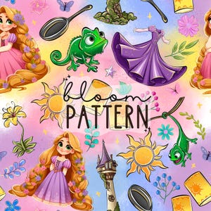 May include: A seamless pattern featuring a whimsical design with a pink, blue, and yellow color scheme. The pattern includes a cartoon princess with long blonde hair, a chameleon, a frying pan, a sun, a tower, and a lantern. The text "bloom pattern" is included in the design.