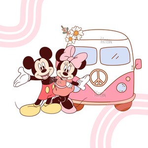 May include: Mickey Mouse and Minnie Mouse stand in front of a pink and white vintage van with a peace sign on the side. The van has flowers on the roof and the words "bloom pattern" on the side.