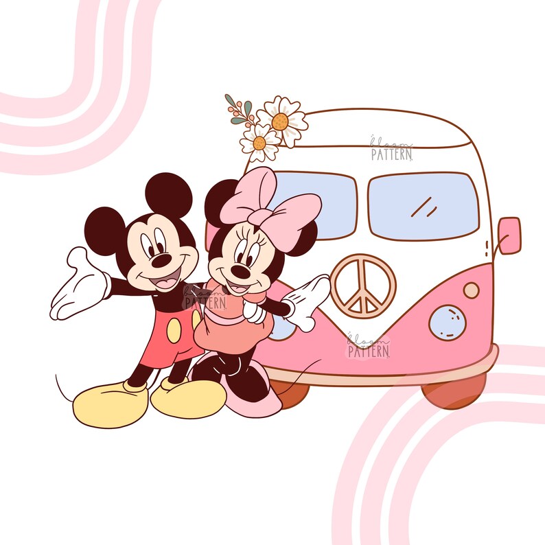 May include: Mickey Mouse and Minnie Mouse stand in front of a pink and white vintage van with a peace sign on the side. The van has flowers on the roof and the words "bloom pattern" on the side.