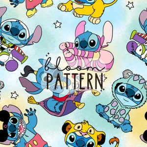 Puede incluir: Un patrón sin costuras con varios personajes de dibujos animados de Stitch de Lilo & Stitch, vestidos con diferentes disfraces. Los personajes están sobre un fondo azul y amarillo con estrellas. El texto "bloom pattern" está en el centro de la imagen.