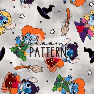 May include: A seamless pattern featuring blue Stitch characters dressed as witches with broomsticks, hats, and other Halloween-themed accessories. The background is a light gray with white stars.