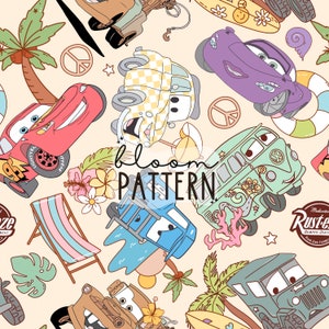 Cars Summer Seamless Design, Summer Beach Magical Car Movie Seamless Pattern, Fabric Sublimation