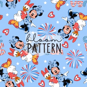 May include: A seamless pattern featuring Mickey Mouse and Daisy Duck dressed in red, white, and blue patriotic outfits. The background is light blue with red, white, and blue fireworks, stars, and hearts. The text "bloom pattern" is in the center of the design.