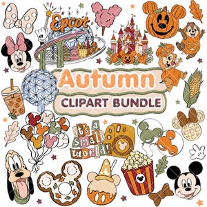 Puede incluir: Un paquete de imágenes prediseñadas digitales con ilustraciones de temática otoñal de personajes de dibujos animados, un castillo, la esfera de Epcot, calabazas, palomitas, gofres y globos. El texto dice Autumn CLIPART BUNDLE e it's a small world.
