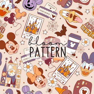 Magical Mouse Halloween Flower Seamless Pattern, Halloween Magical World Seamless Pattern, Spooky Retro Seamless Pattern, Fabric Sublimation