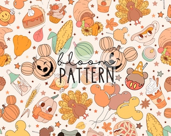 Autumn Seamless Pattern, Fall Magical Thanks Giving Cartoon Seamless pattern, Fabric Sublimation